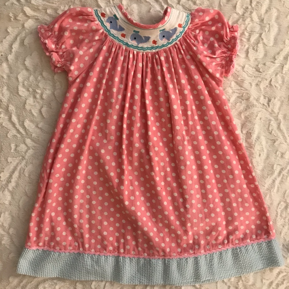 Smocked pink polka dot whale dress